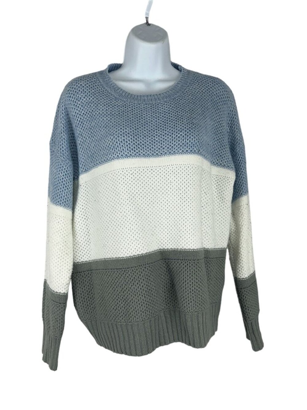 Merokeety Womens Colorblock Knitted Sweater Blue White/Gray Striped Long Sleeve